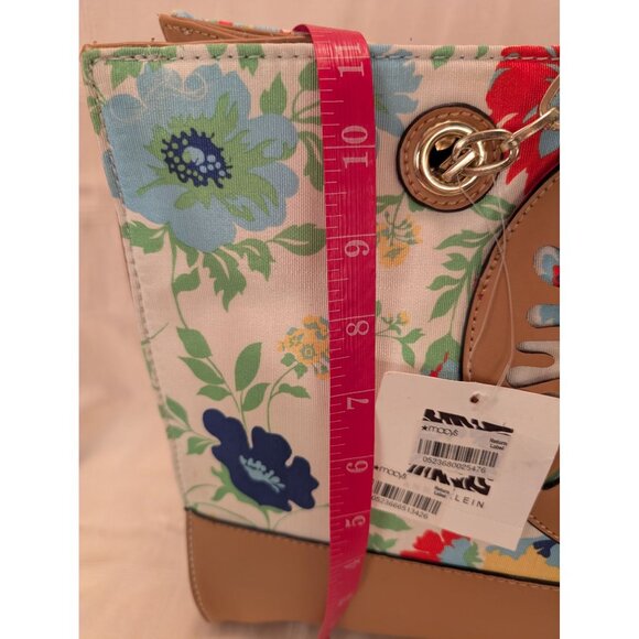 Anne Klein Floral Tote Bag Tan Faux Leather Accents & Chain Straps Lion Logo NWT - Picture 12 of 16